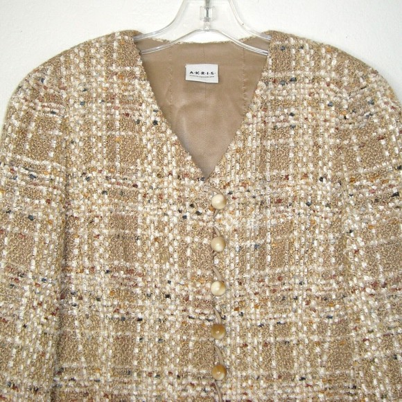 AKRIS Tan Multi Wool Blend Tweed Jacket with Marble Style Buttons Size 10 - Picture 6 of 9